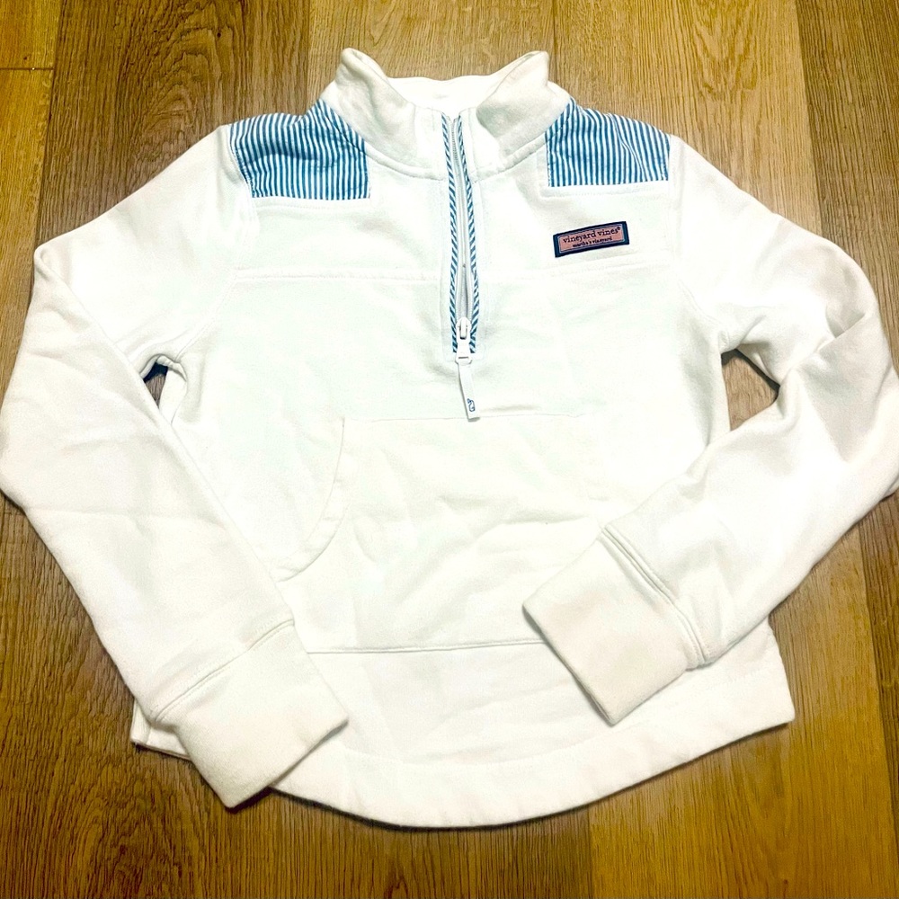 Vineyard Vines Girls White Quarter Zip Shep Shirt, Pinstripe Shoulder, Size S
